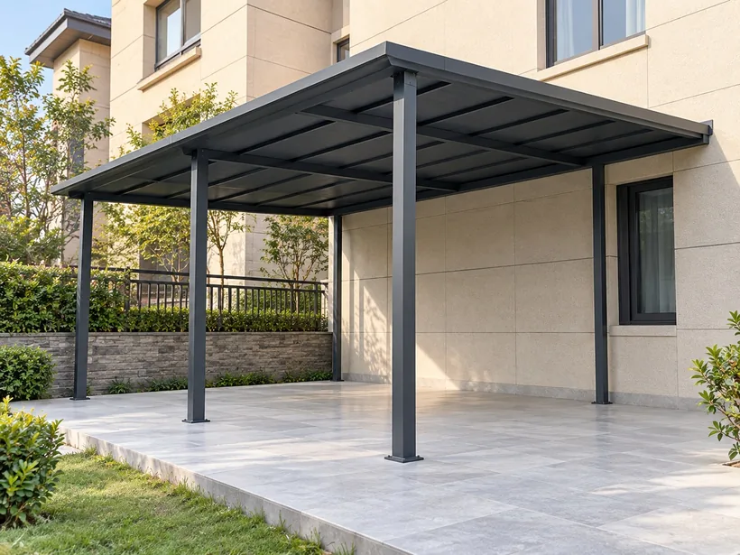 All-aluminium canopy with aluminium roof tiles beside a house