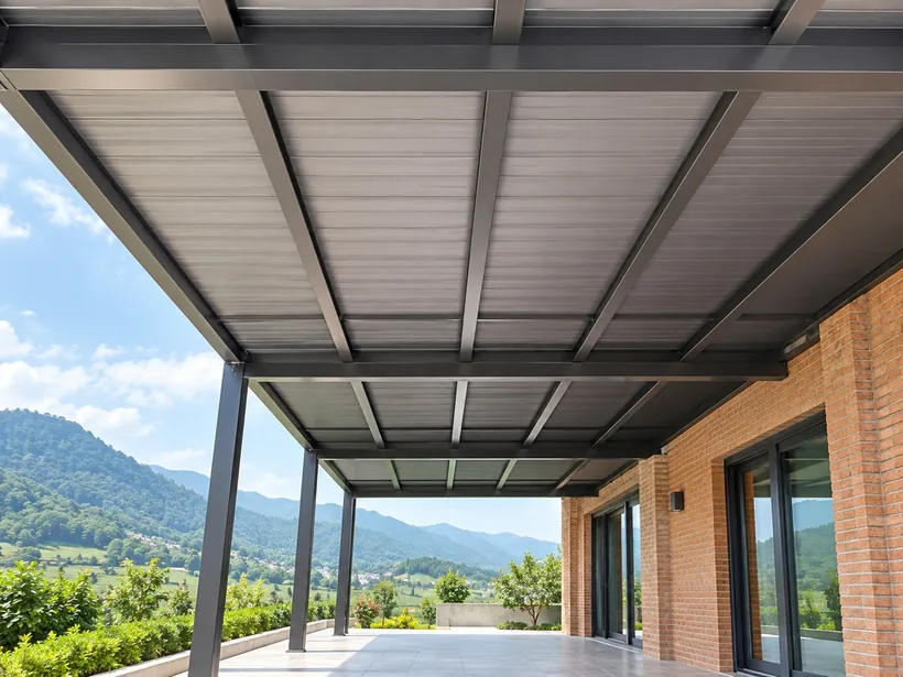 Underside of an all-aluminium canopy roof with beams and rafters