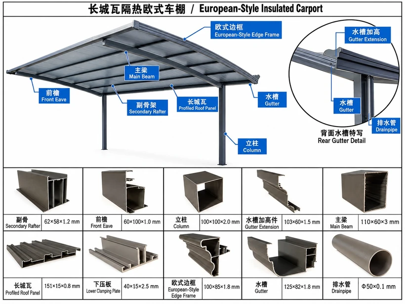 All-aluminium canopy structure diagram with profile sections