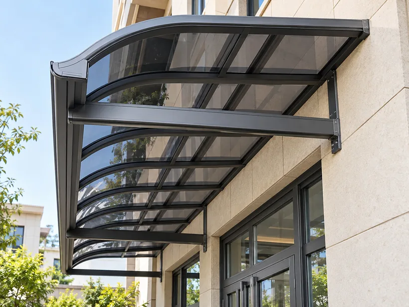 Wall-mounted cross-beam aluminium canopy over an entrance