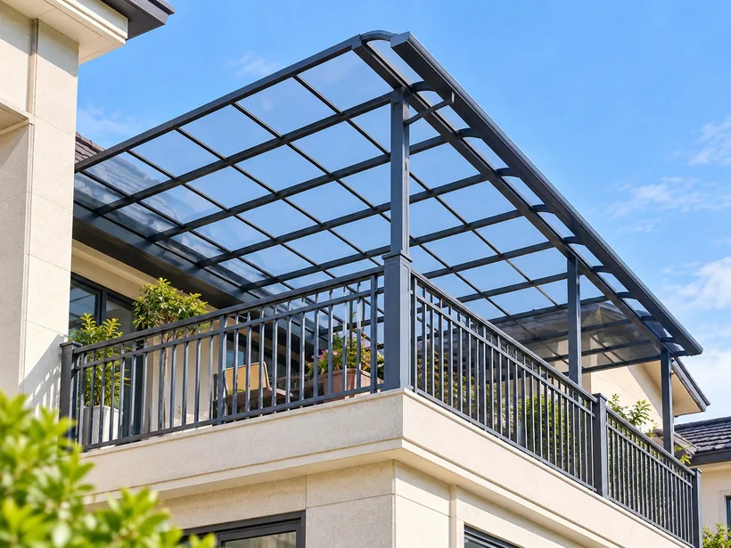 Top-beam aluminium canopy over a balcony