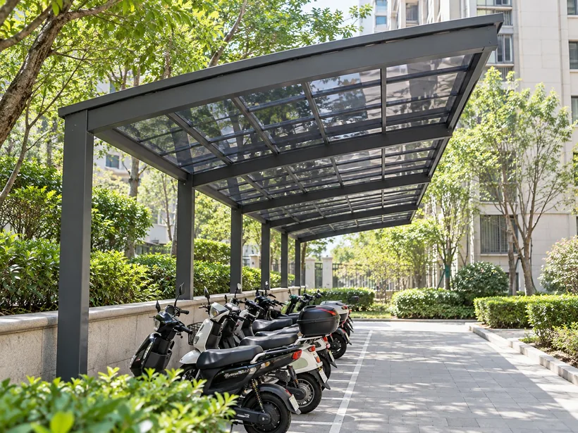 Single-side aluminium carport sheltering scooters
