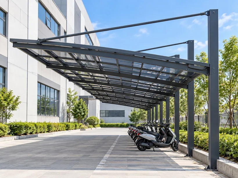 Cable-stayed aluminium carport with tie rods