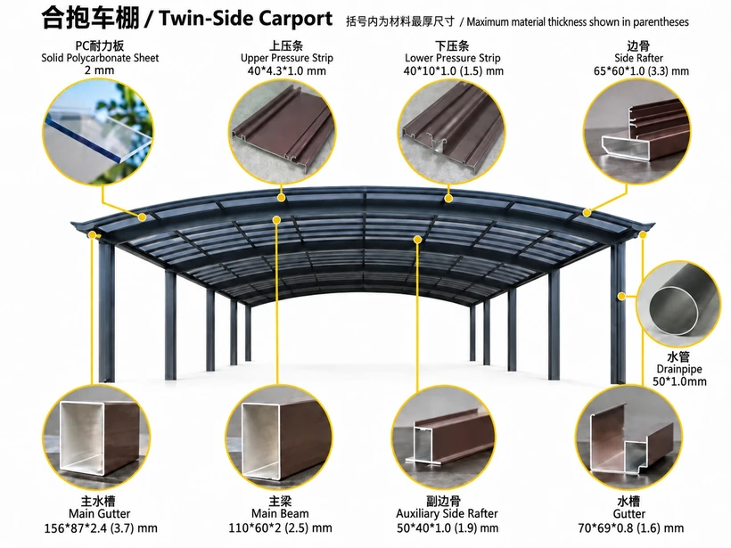 Twin-side carport structure diagram with profile sections