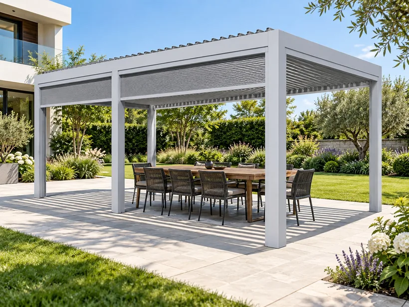 White aluminium louvred roof pergola over an outdoor dining table