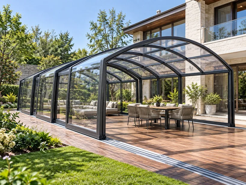 Retractable sunroom over a timber deck and dining area