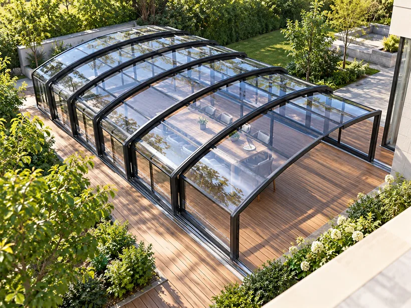 Telescopic sections of a retractable sunroom seen from above