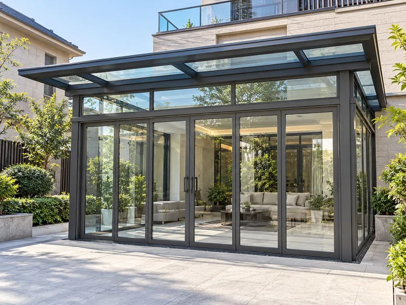 Aluminium sunroom with sliding glass doors and a glass roof